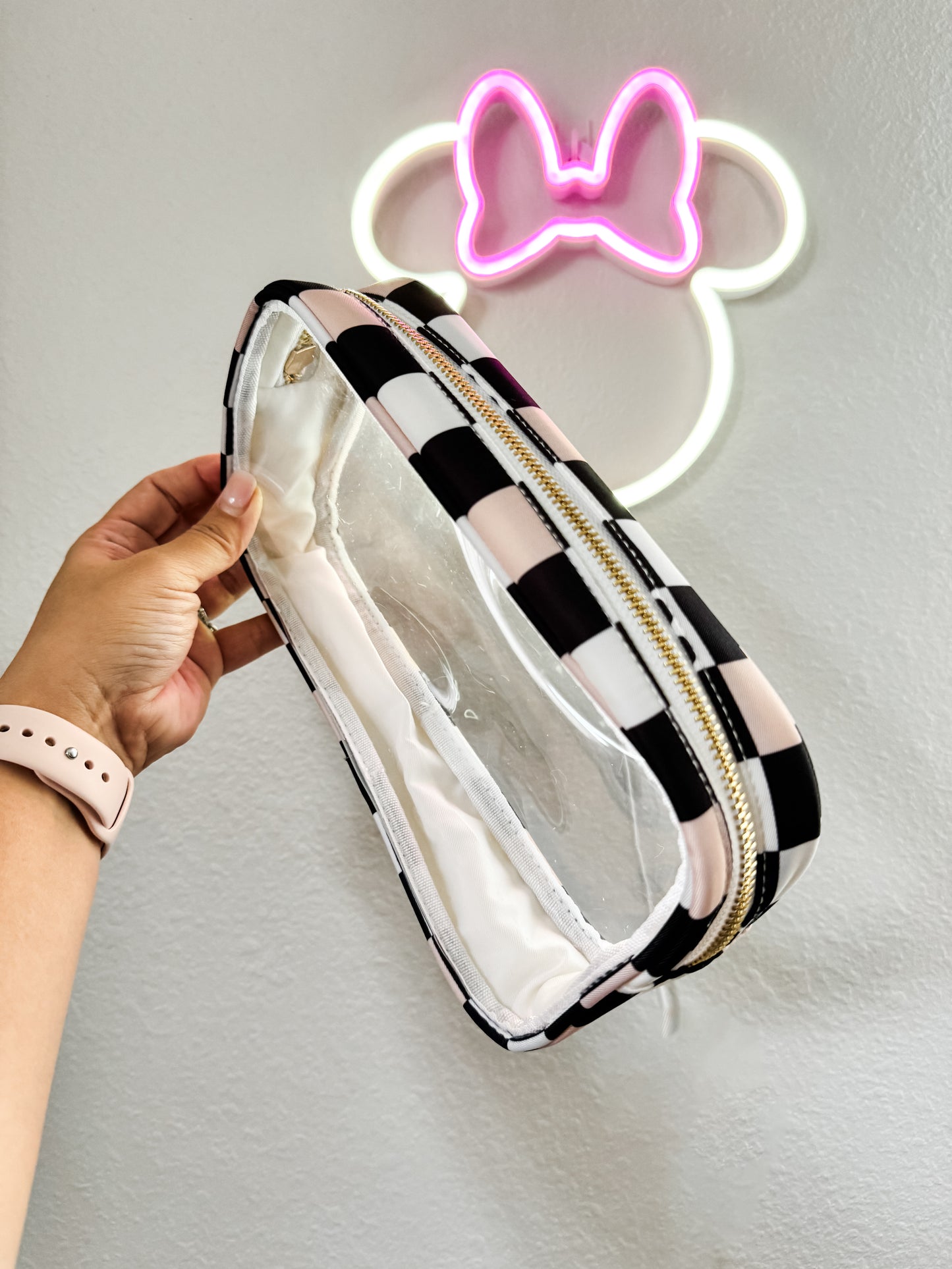 Pink + Black Checkers Medium Clear Pouch