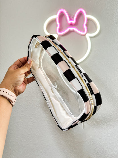 Pink + Black Checkers Medium Clear Pouch